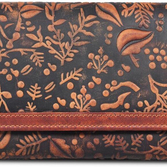 Women's Leather Wallet RFID Blocking Clutch Purse with Card Slots Cognac